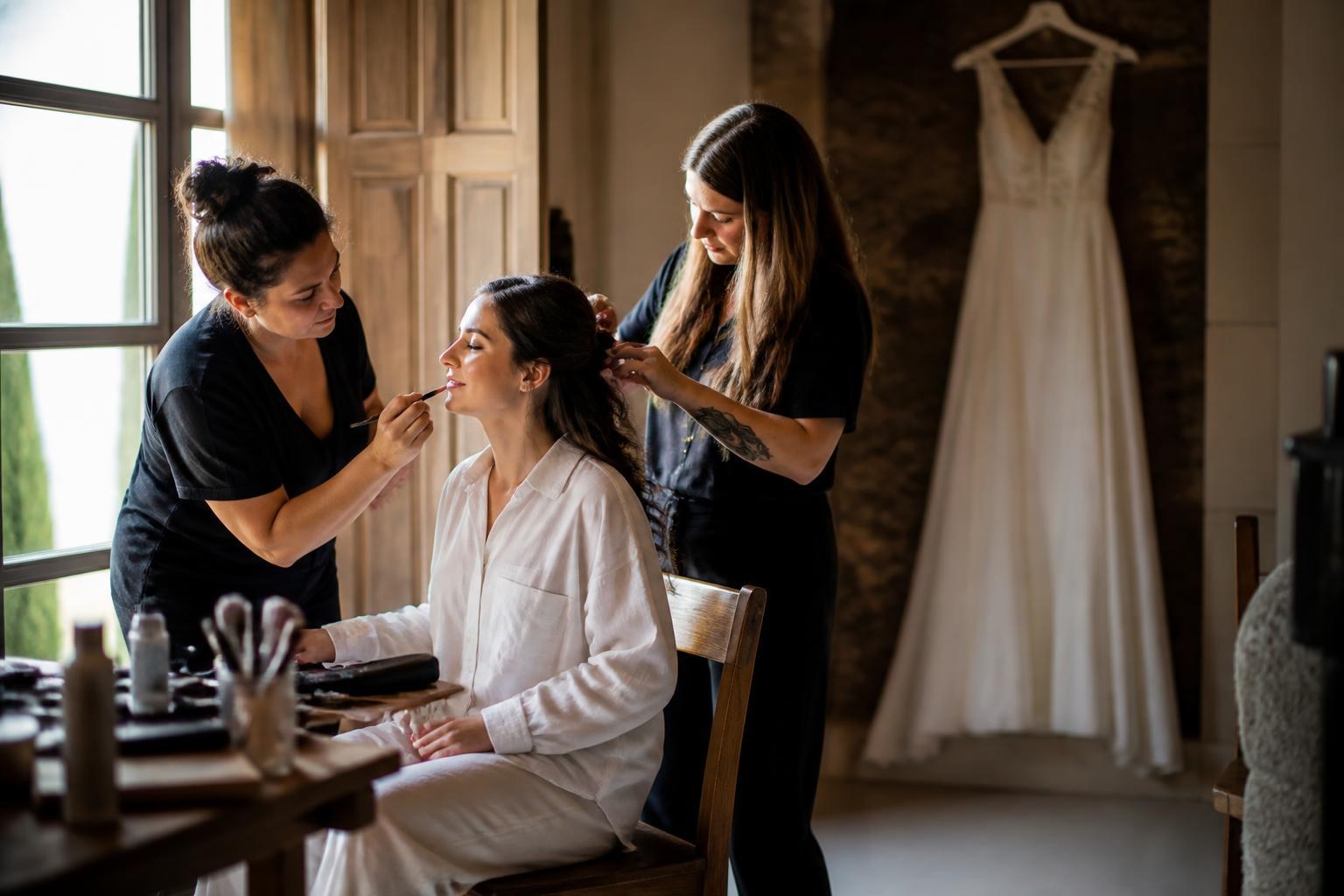 Novia con ropa informal durante la preparación de maquillaje y peinado antes de una boda en Asturias