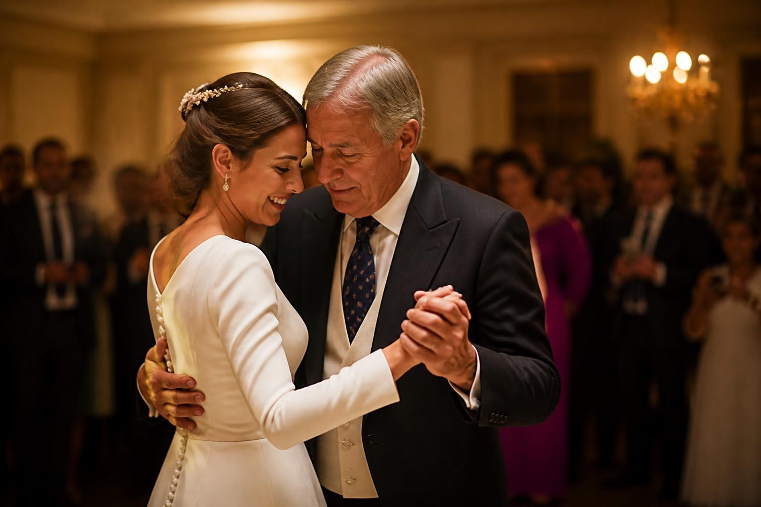 Novia bailando con su padre durante una boda con iluminación cálida