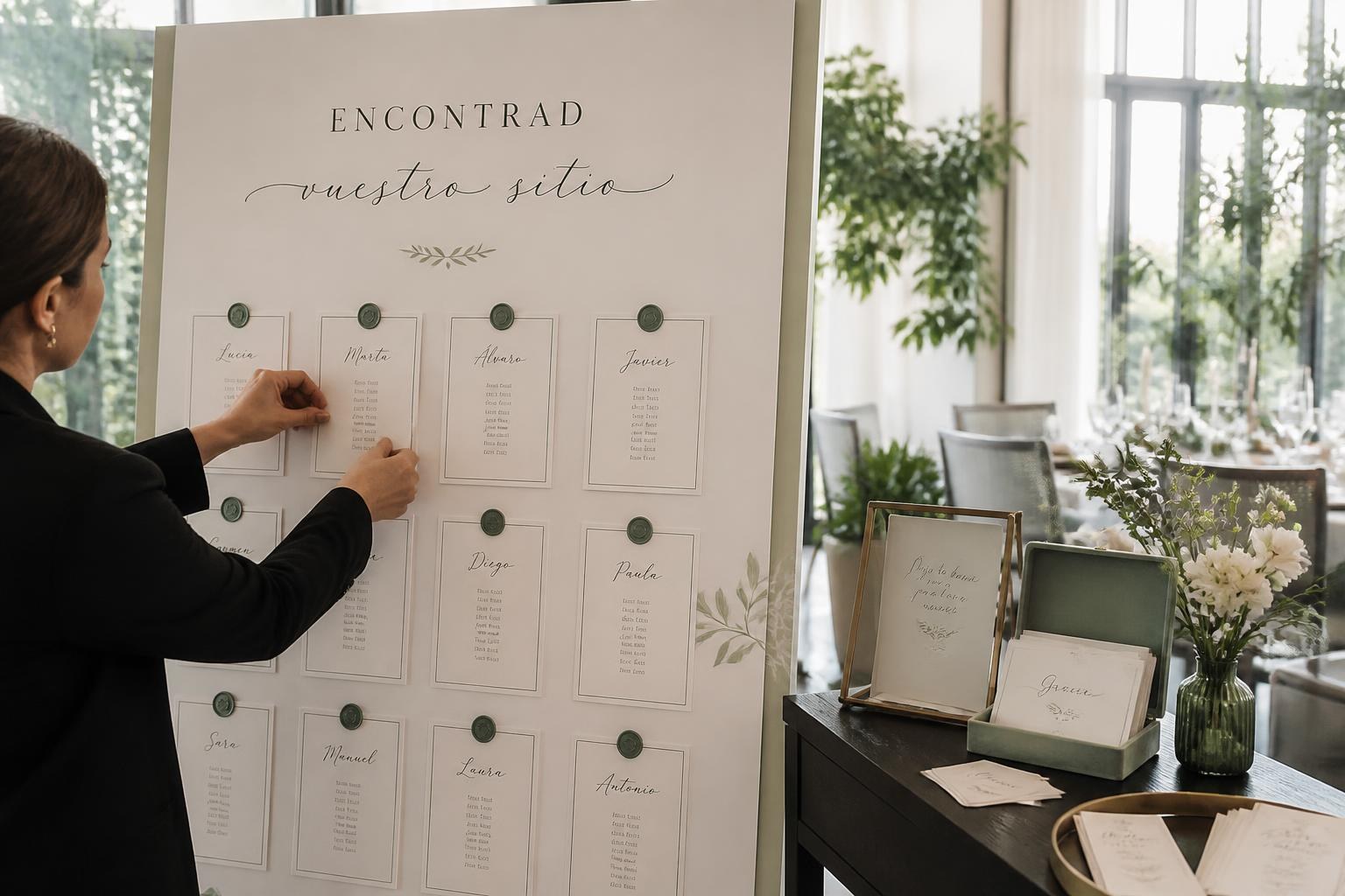 Montaje de un seating plan moderno con nombres escritos a mano y papelería coordinada