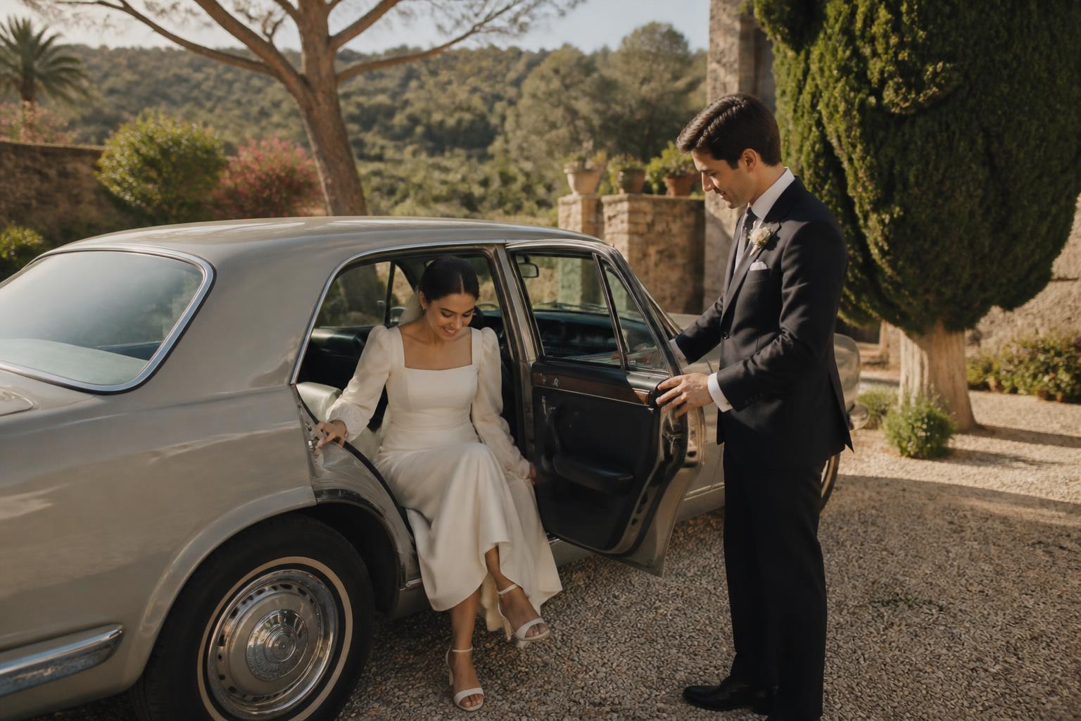 Pareja llegando en un coche elegante a una finca de boda en Alicante