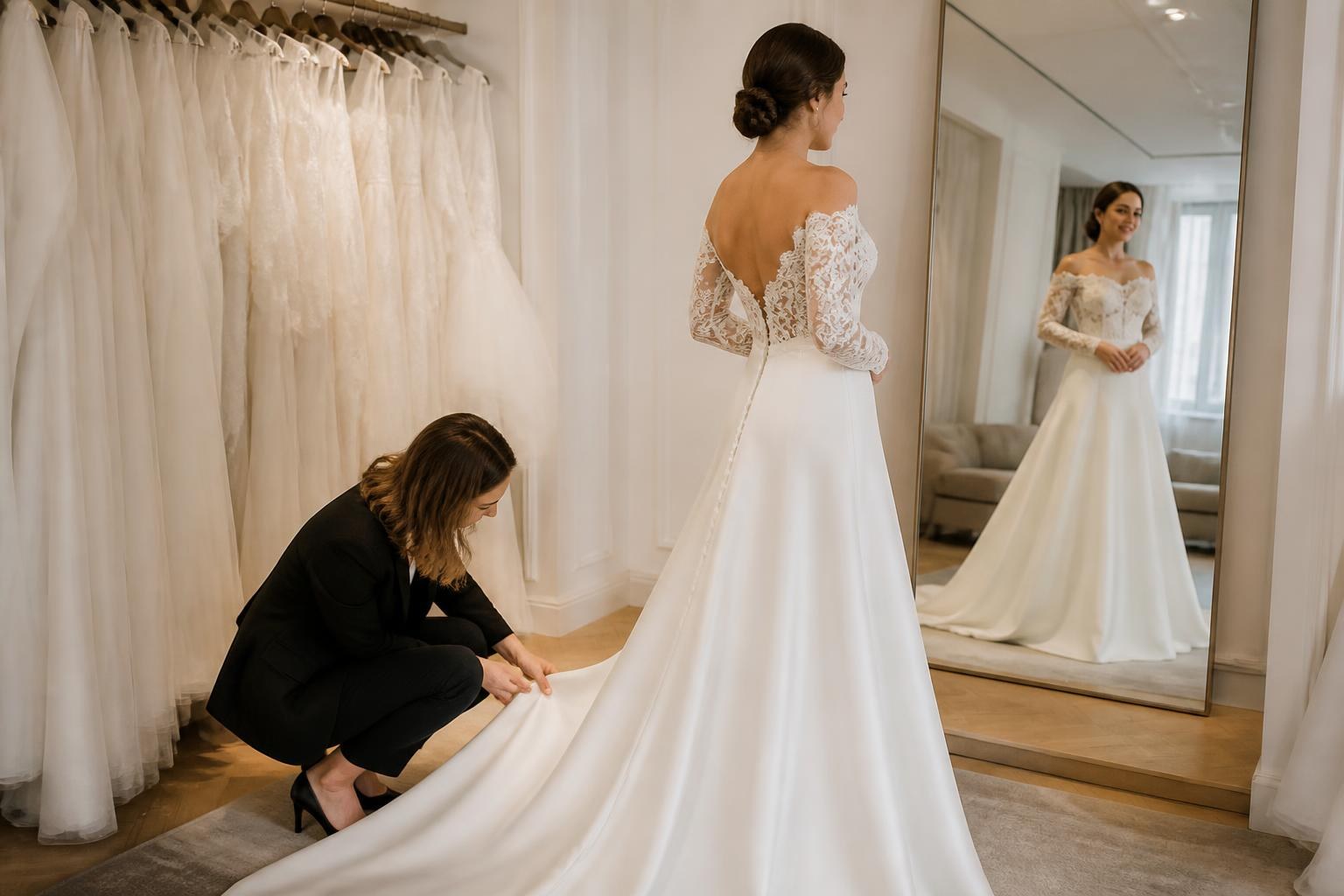 Novia probándose un vestido de novia frente al espejo en una tienda especializada