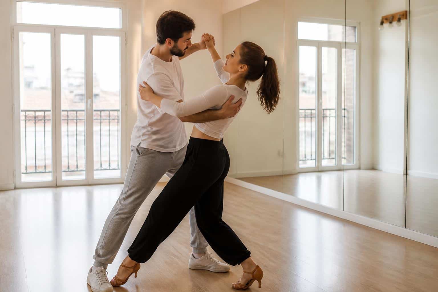 Pareja vestida con ropa informal ensayando su baile de boda en una sala con parqué y espejos
