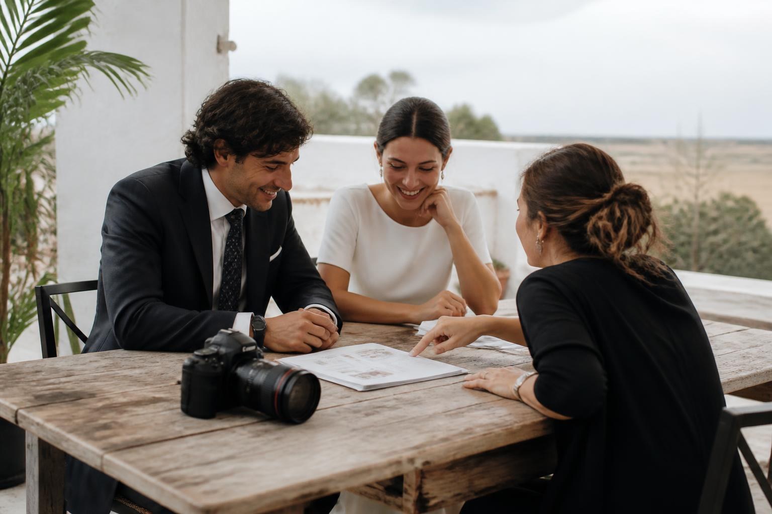 Pareja revisando el horario de su boda con una fotógrafa en Cádiz