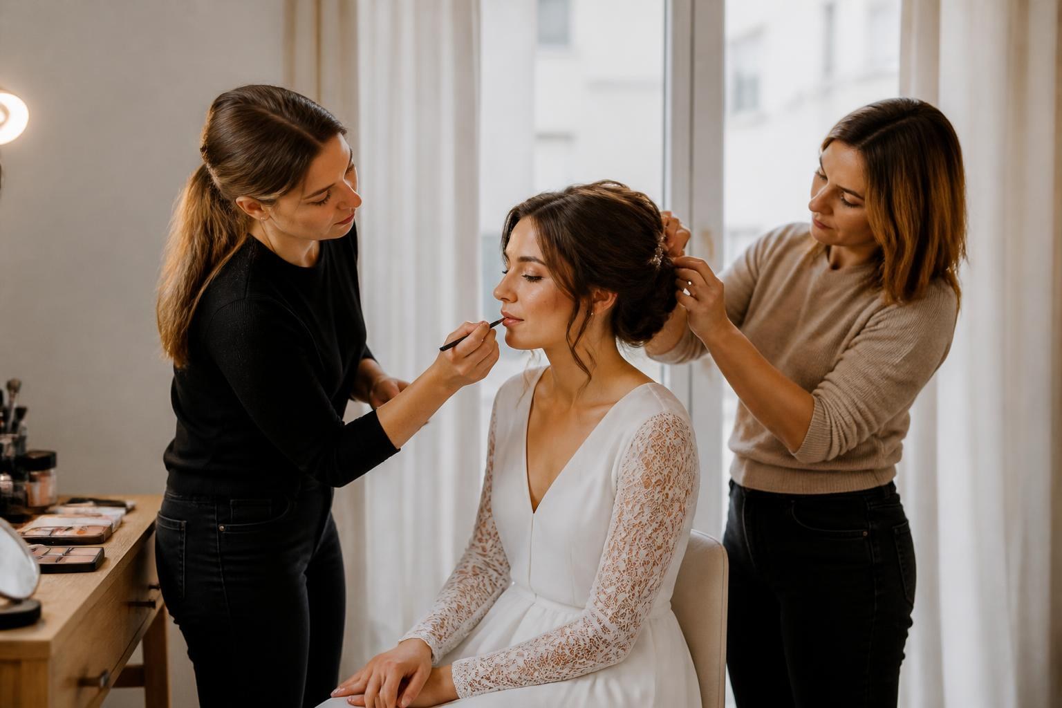 Novia durante una sesión de maquillaje y peinado antes de su boda en Zaragoza