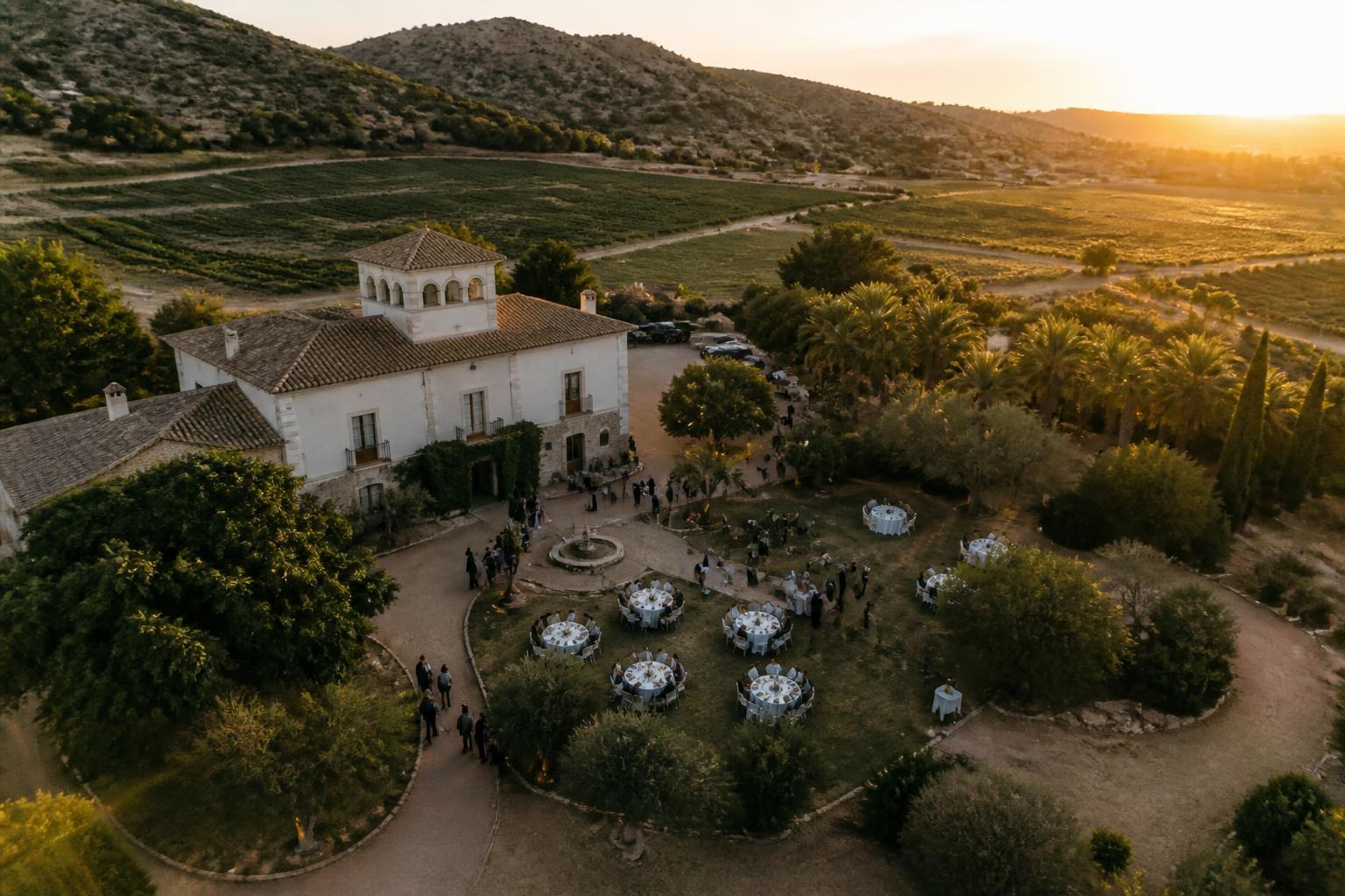Vista aérea de una boda celebrada en una finca con jardín en Almería