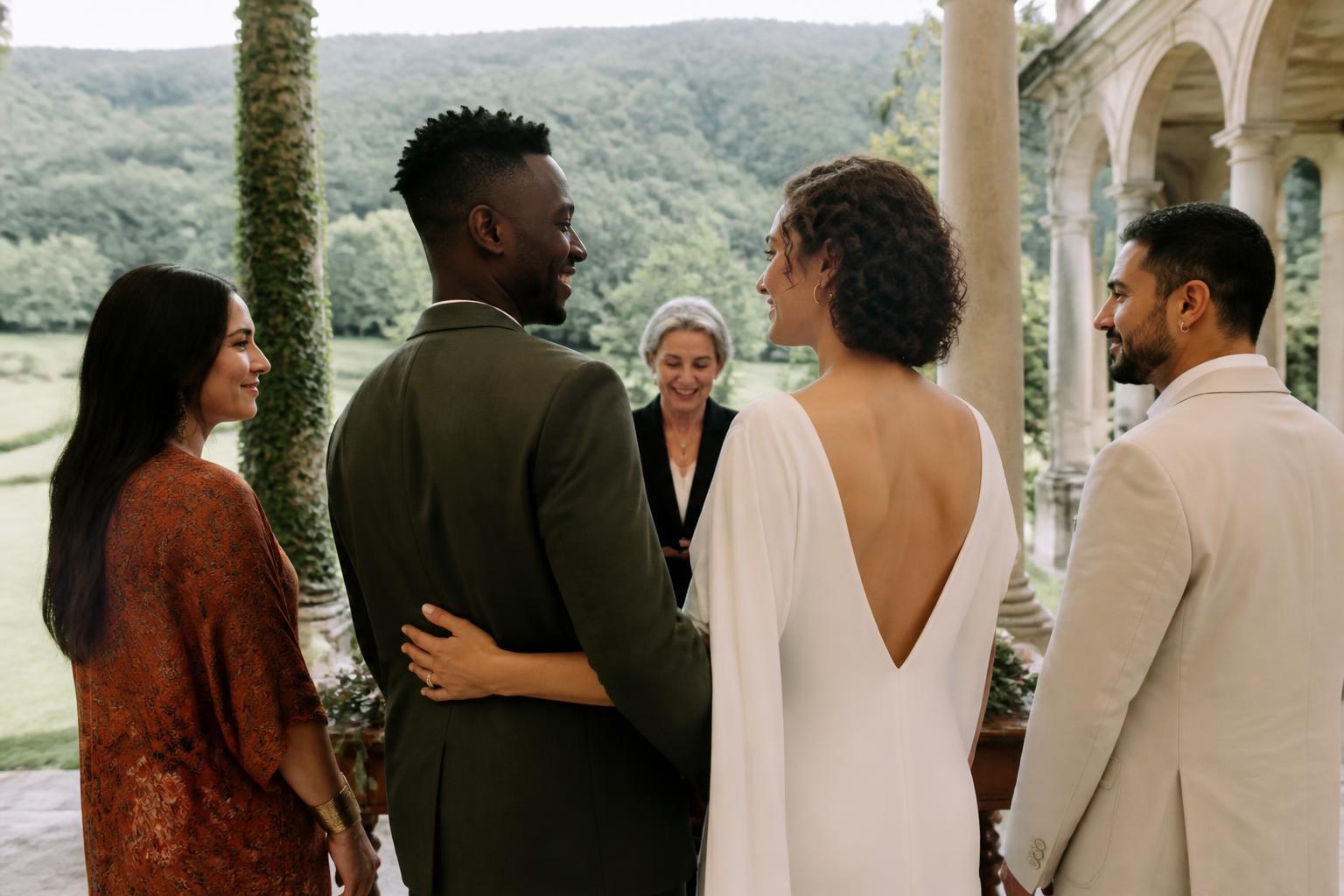 Pareja y padrinos durante una ceremonia civil al aire libre en Álava