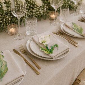 Mesa elegante con vajilla blanca, cubiertos dorados, velas y decoración floral en tonos verdes y blancos.