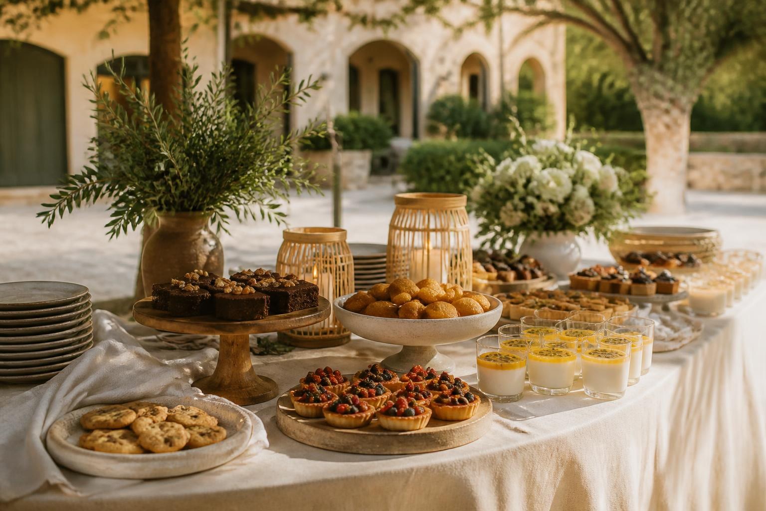 Mesa dulce de boda de verano con postres variados colocada en una zona de sombra