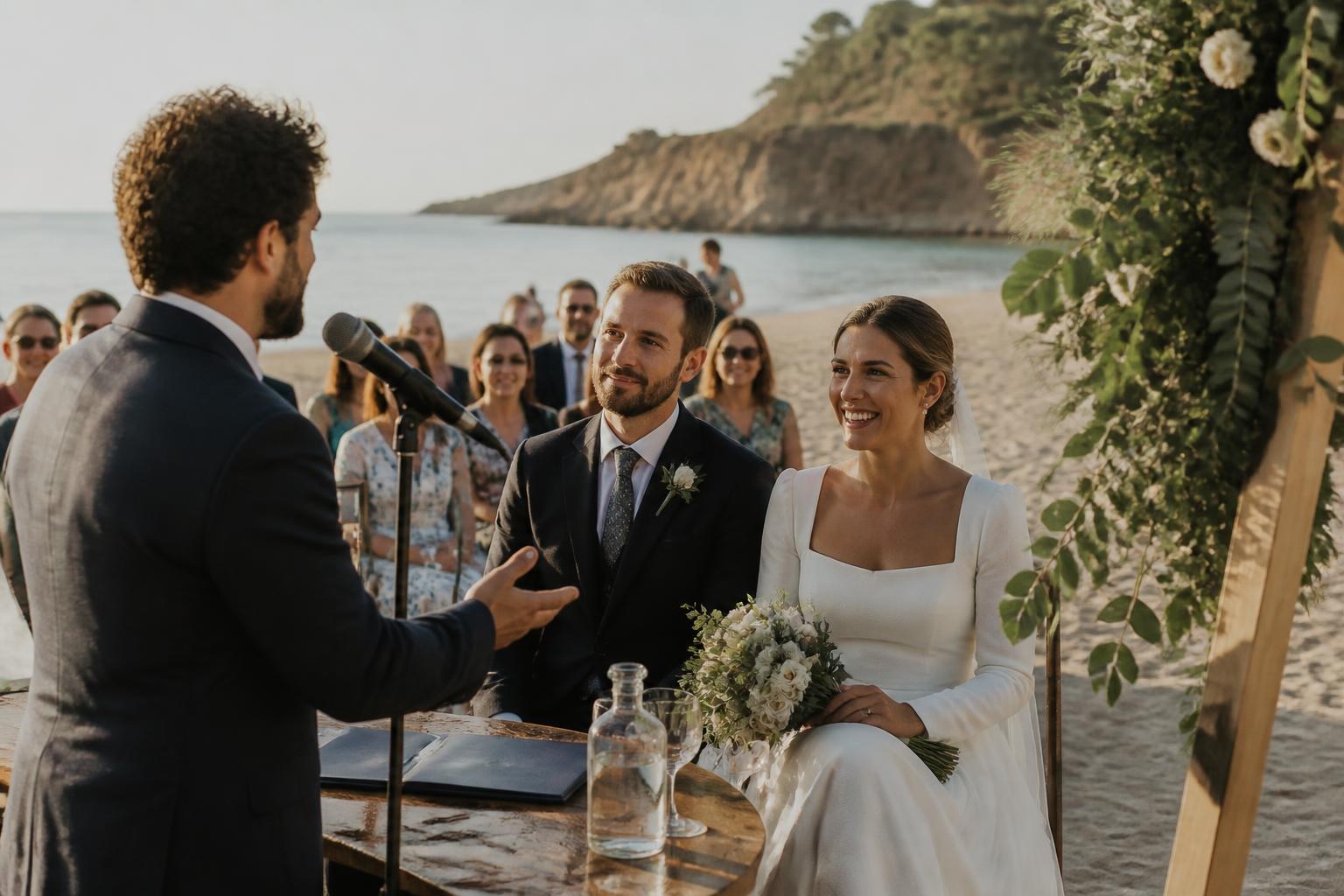 Oficiante profesional durante una ceremonia de boda en la playa
