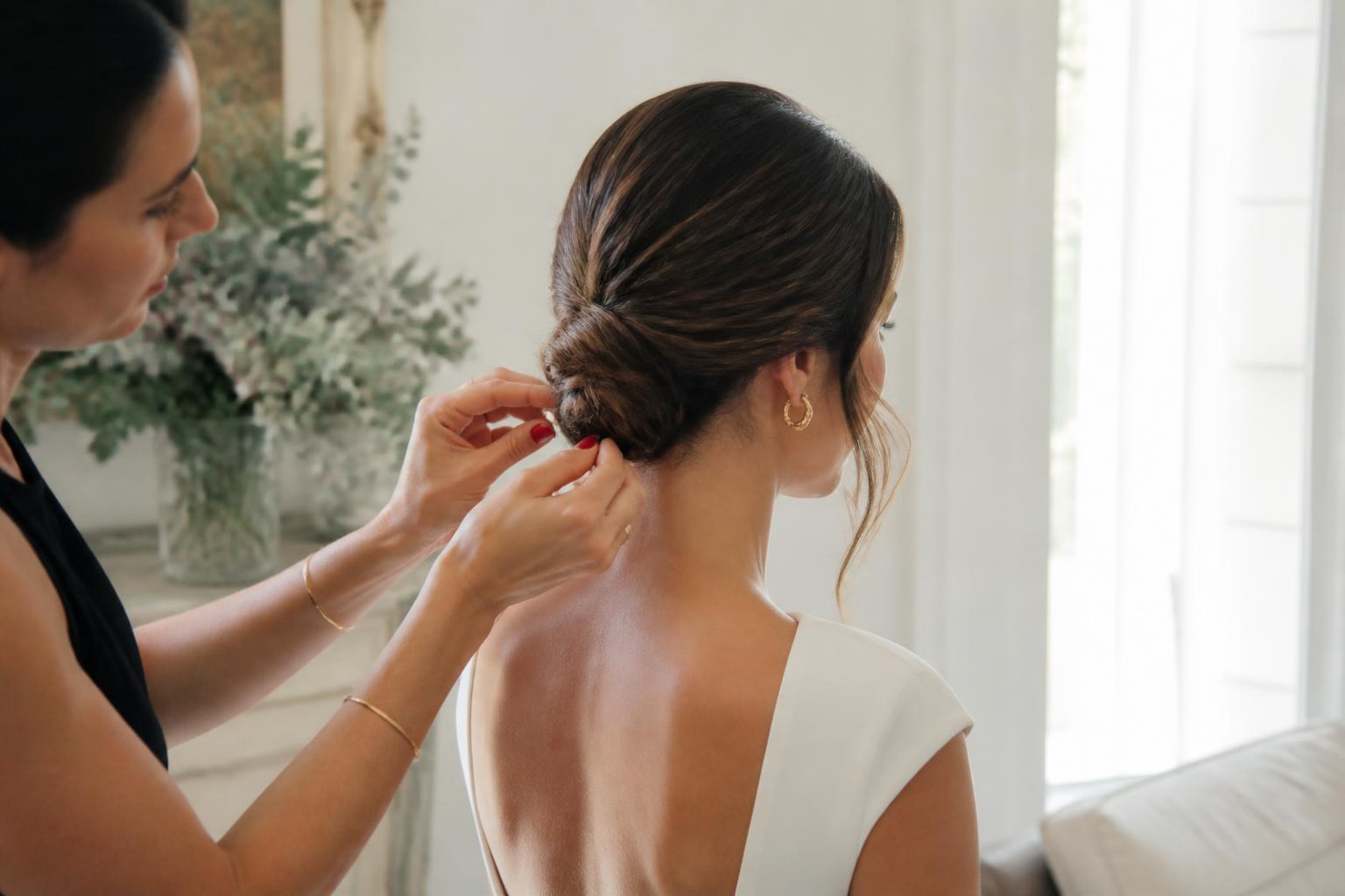 Invitada de boda con un moño bajo realizado por una profesional de peluquería