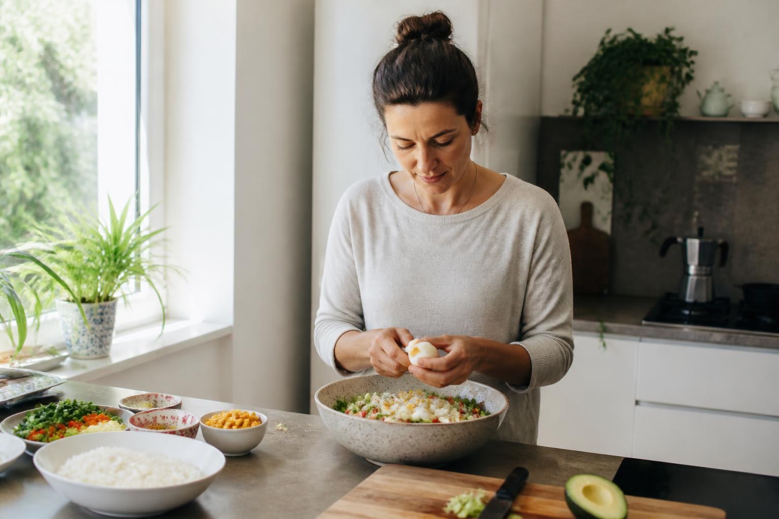 Mujer preparando una ensalada sencilla en la cocina de su casa antes de la boda