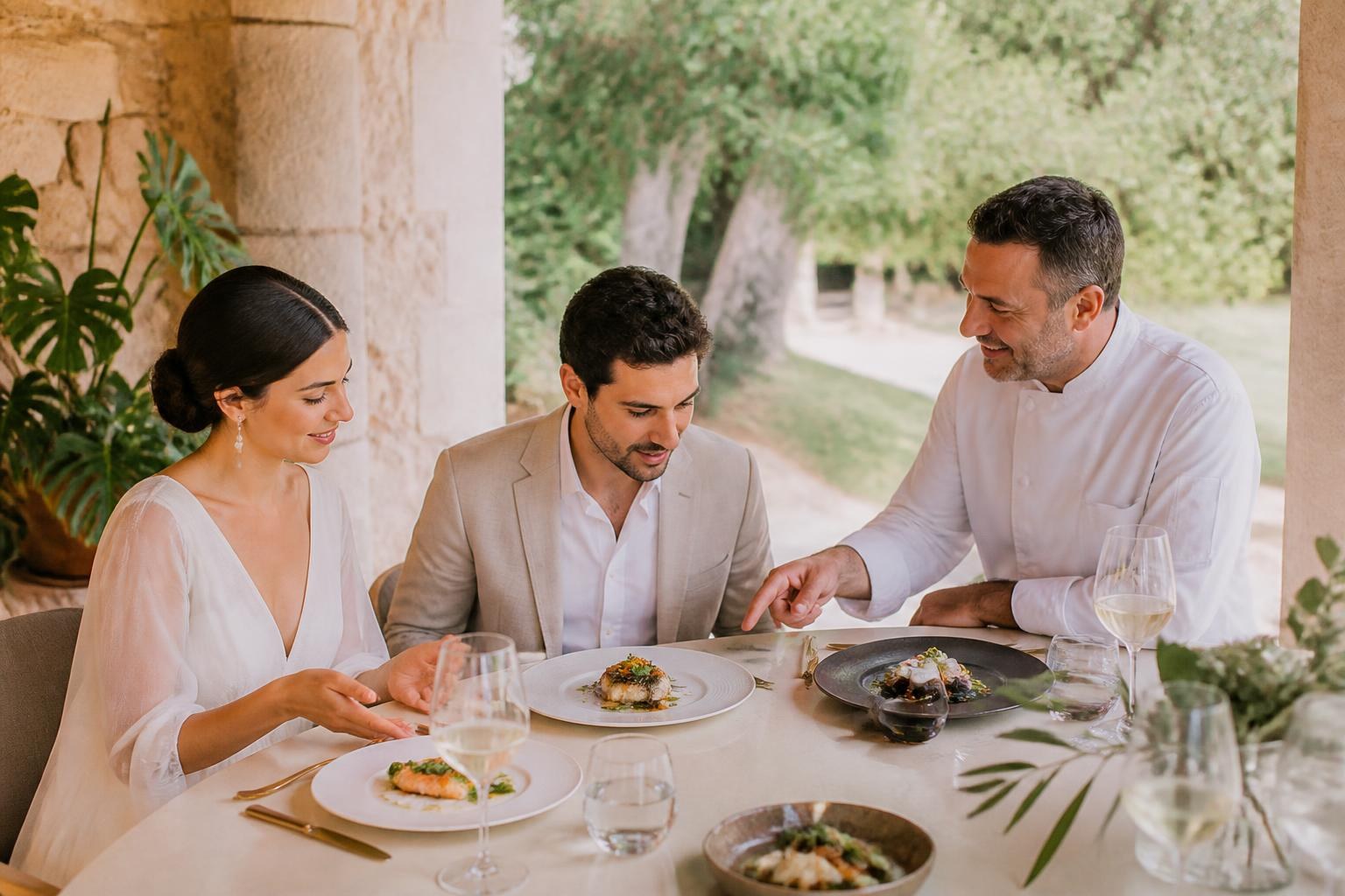 Pareja revisando los platos durante la prueba del menú de boda
