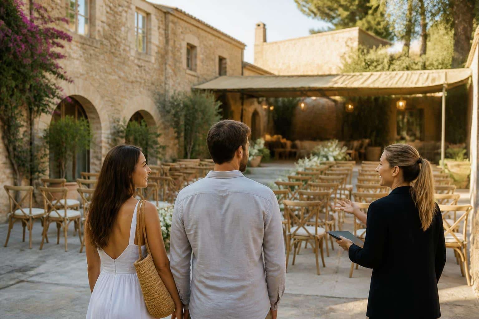 Pareja visitando con una coordinadora el patio y la zona cubierta de una masía para bodas