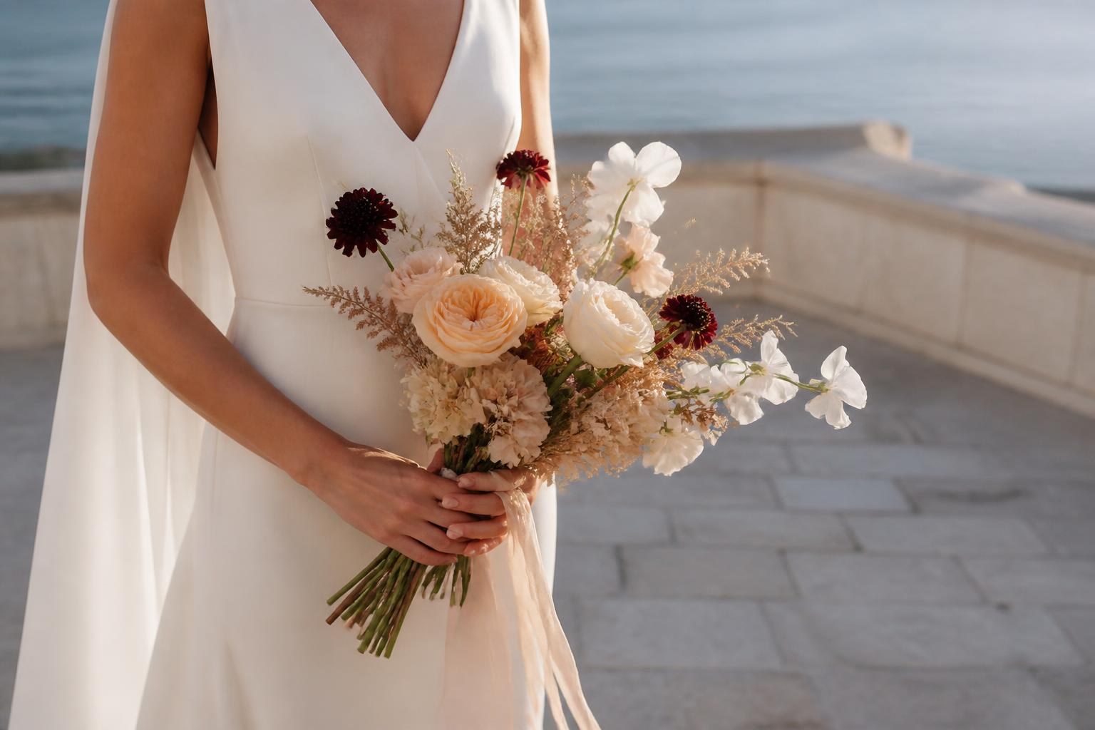 Novia con un ramo mixto de flores frescas, preservadas y secas en tonos marfil, melocotón y arena