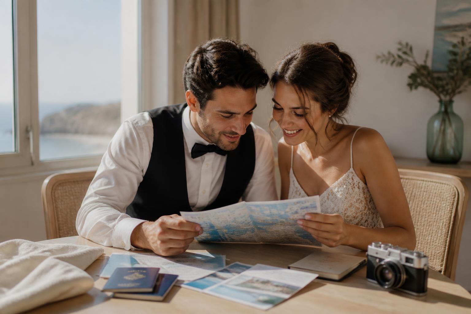 Pareja revisando el itinerario y la documentación de su luna de miel