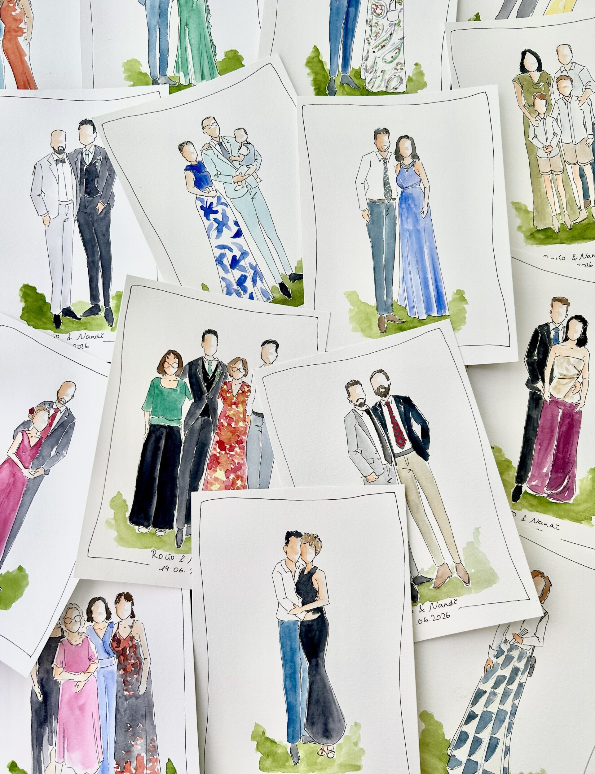 1 Varias ilustraciones de parejas vestidas de gala sobre fondo blanco.