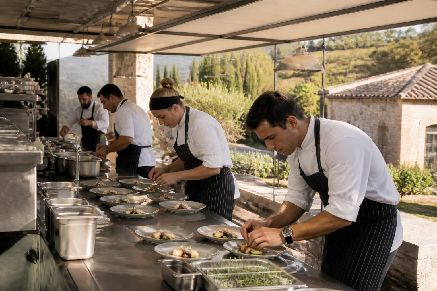 Equipo de catering trabajando en una cocina móvil junto a una finca rural