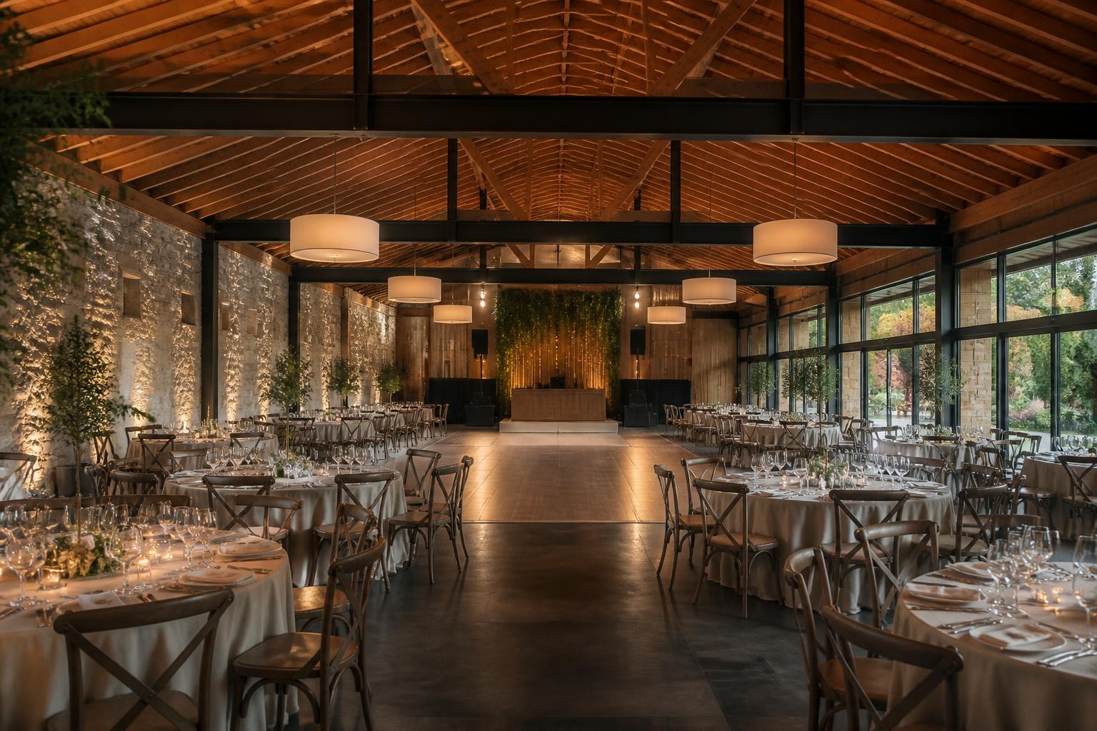 Salón de boda distribuido con mesas, pasillos de servicio y pista de baile