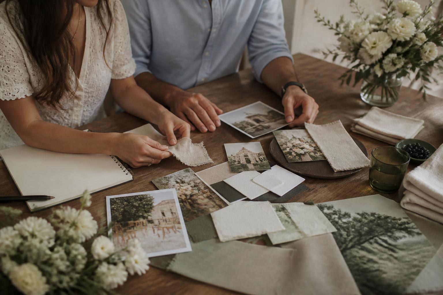 Pareja organizando muestras de color, papel, flores y mobiliario para su moodboard de boda