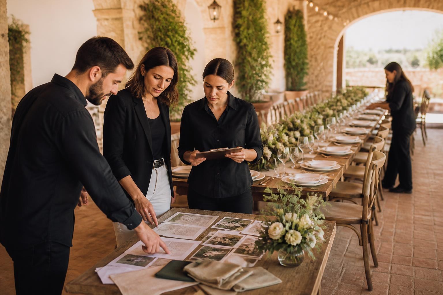 Coordinación de decoración, flores y papelería durante el montaje de una boda en una finca