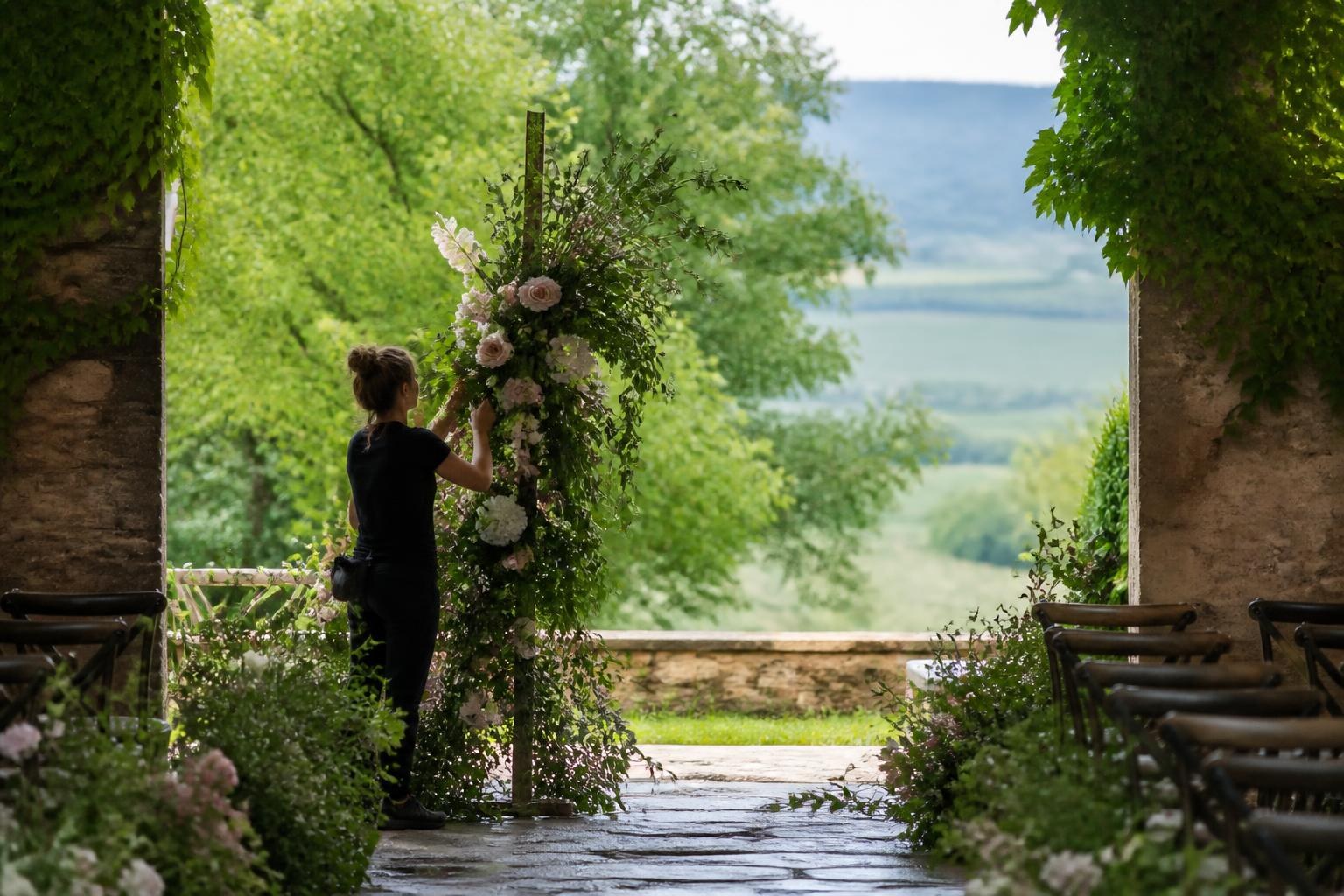 Florista preparando la decoración de una ceremonia en una finca rural de Álava