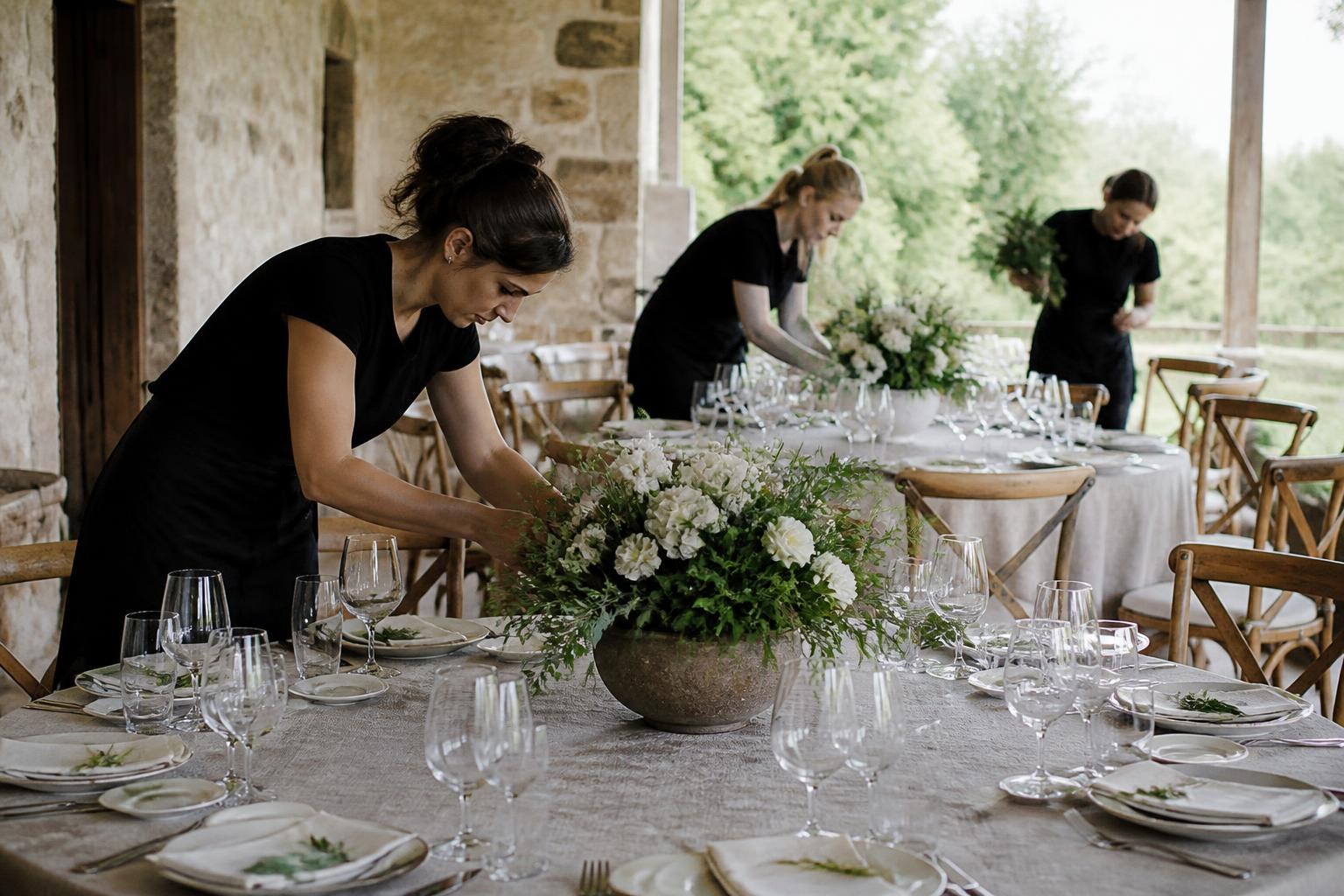 Montaje de centros florales en las mesas de una boda rural