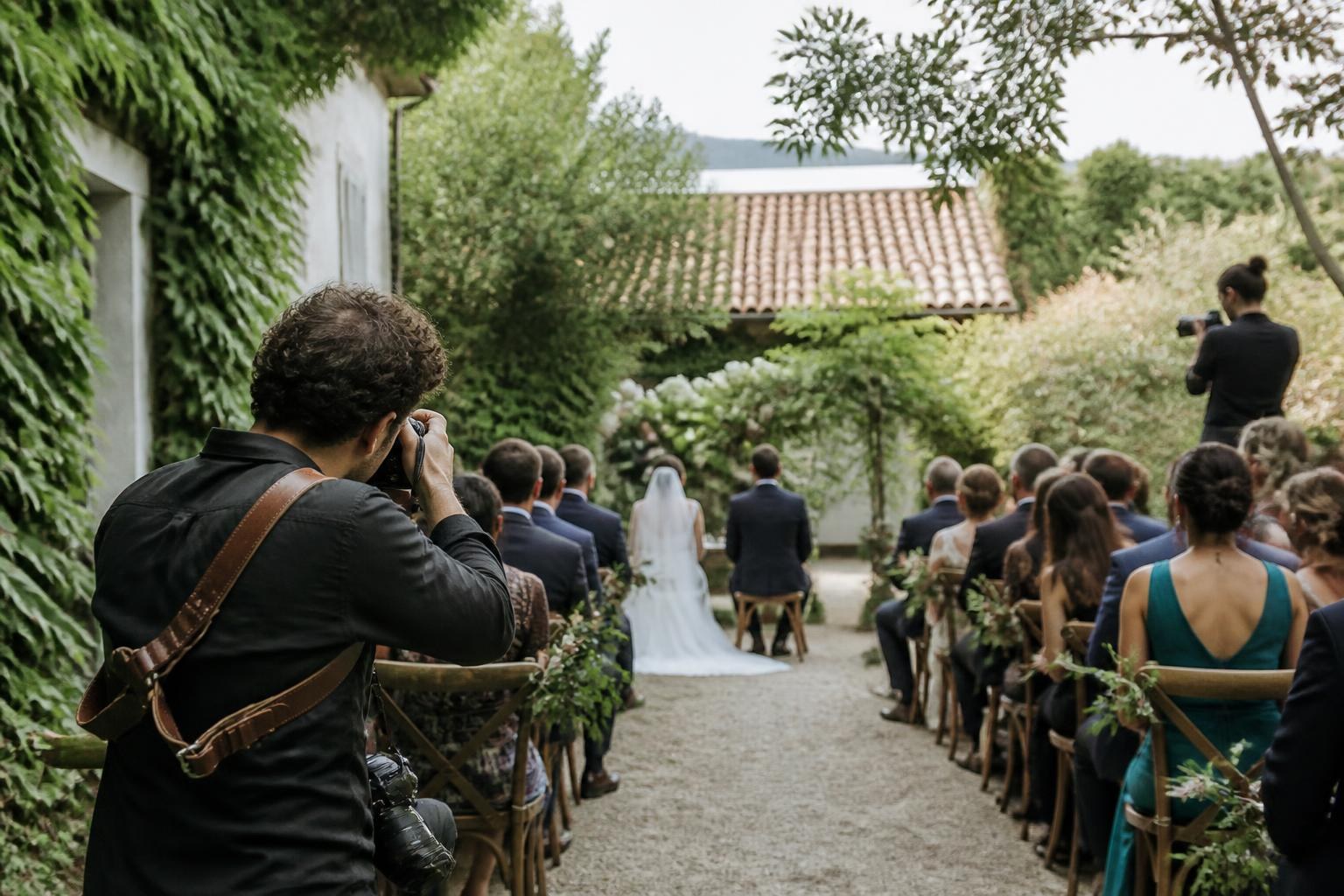 Dos fotógrafos cubren una ceremonia de boda desde posiciones diferentes