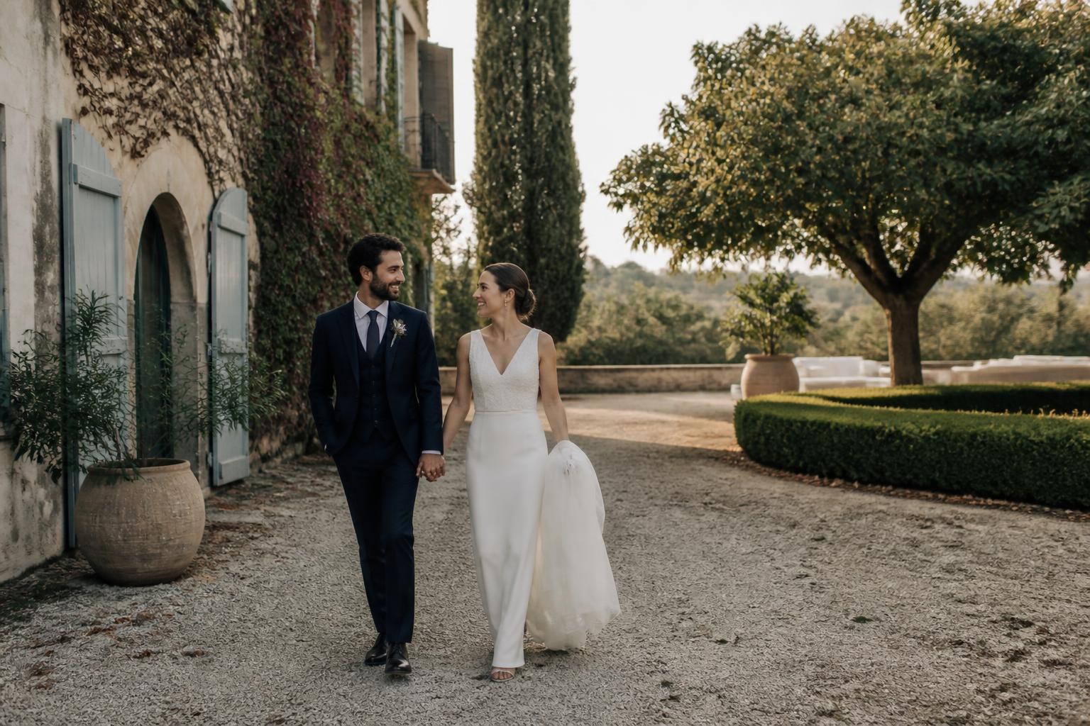 Pareja caminando con naturalidad durante una sesión de fotografía de boda en una finca de Barcelona