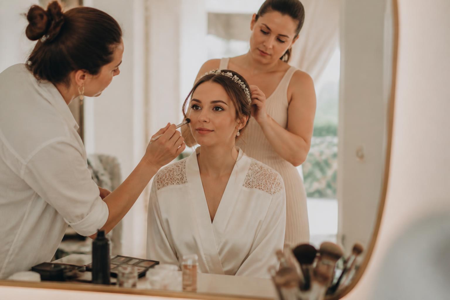 Novia durante una prueba profesional de maquillaje y peinado con luz natural