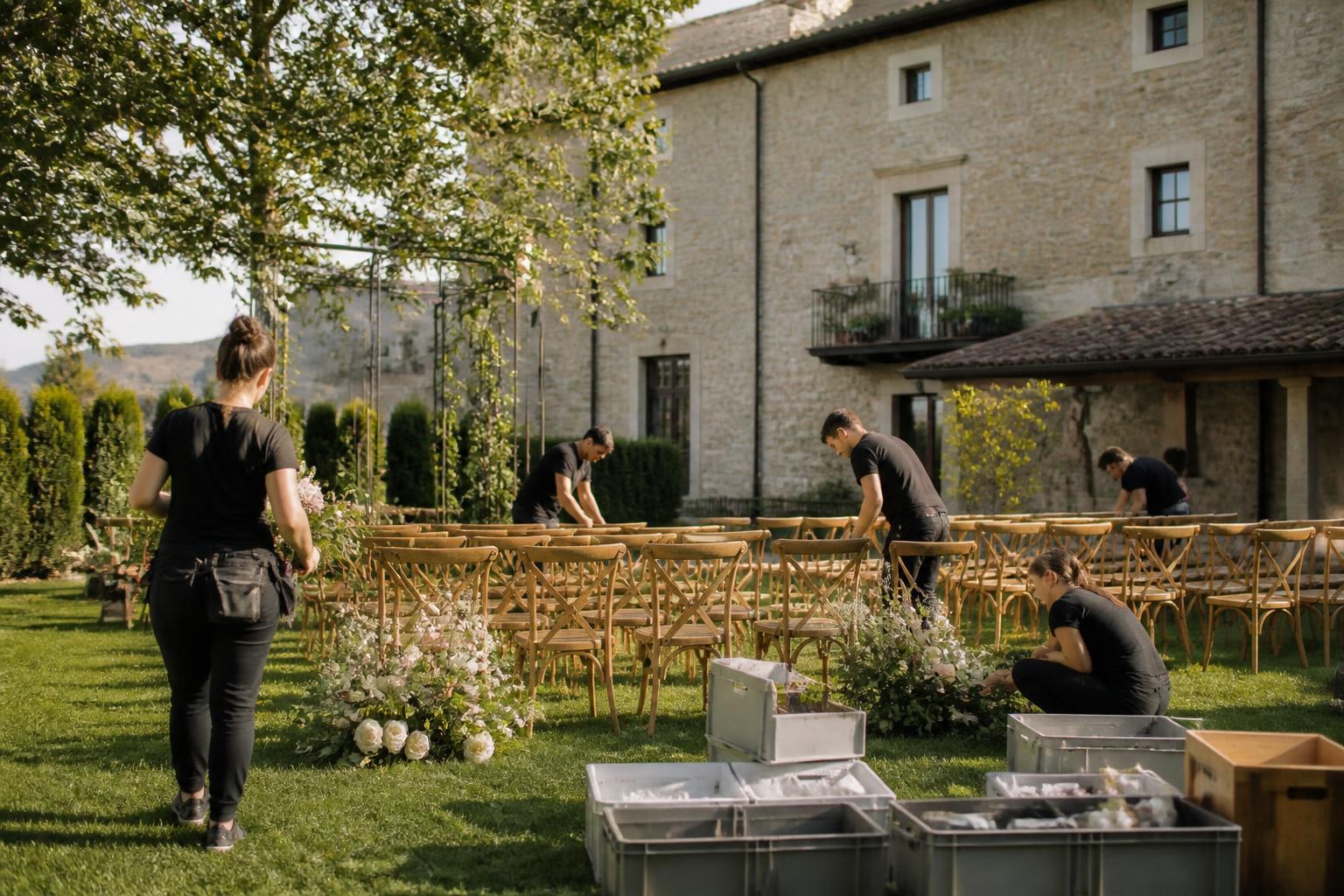 Equipo profesional montando la decoración de una ceremonia de boda en una finca