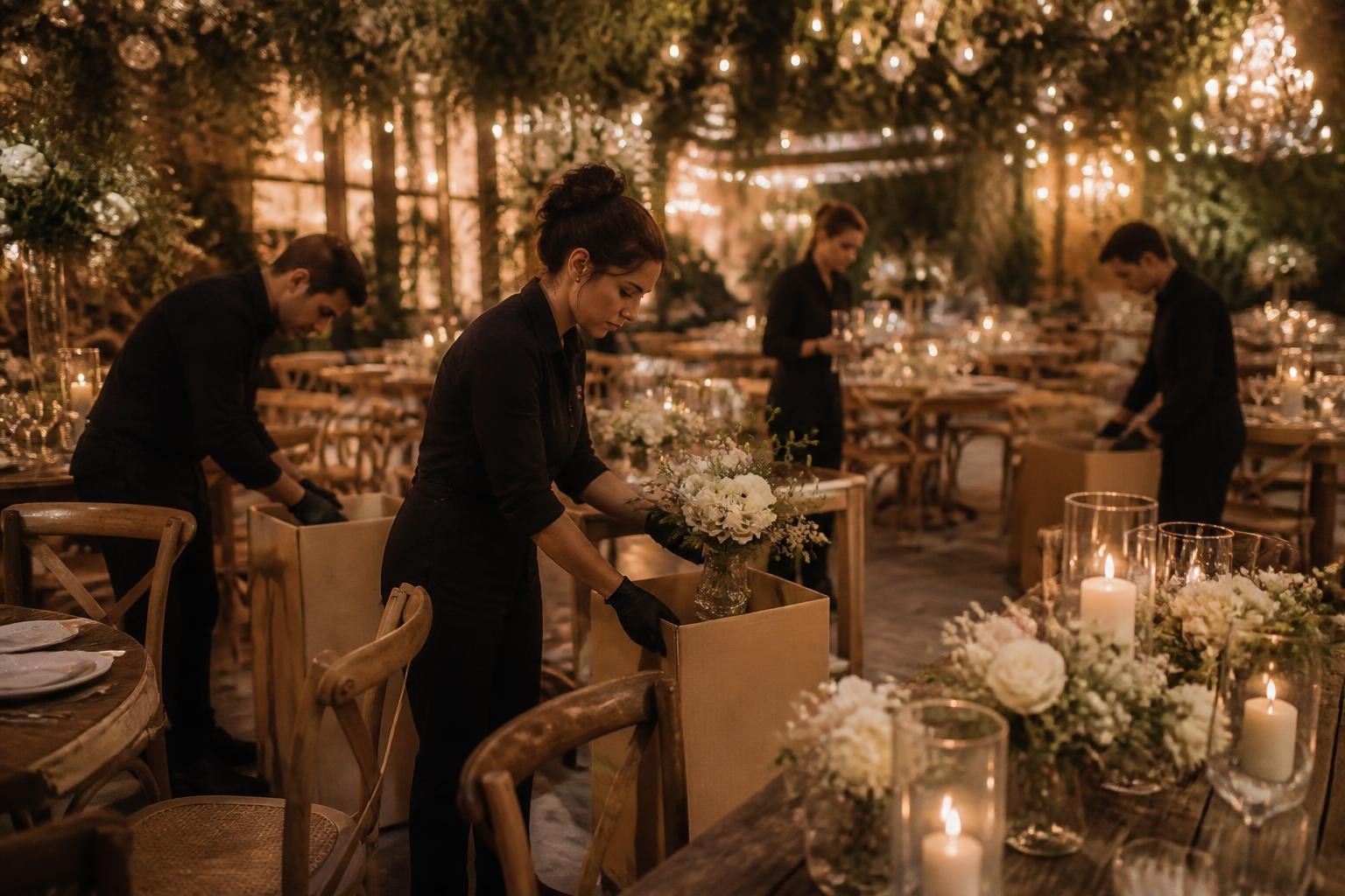 Desmontaje y embalaje de la decoración después de un banquete de boda