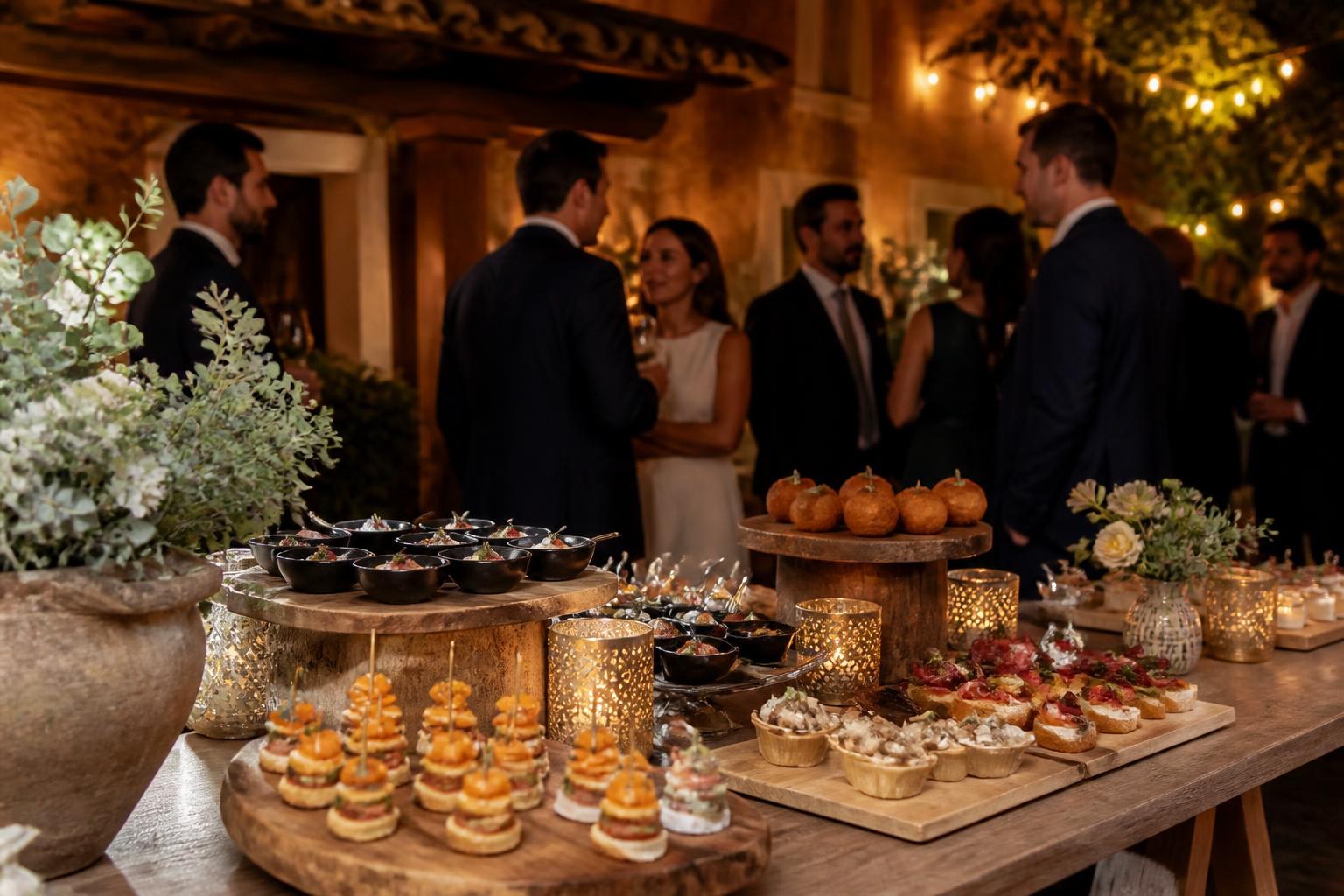 Mesa de recena con aperitivos salados durante una boda