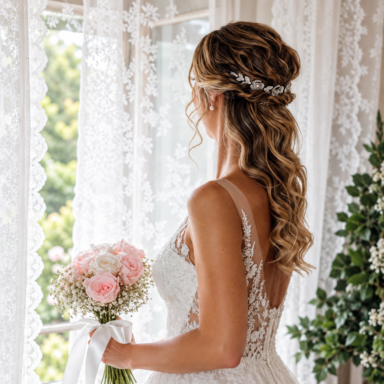 12a326ac-adc0-4d16-9ec2-60fcc40b367e Novia de perfil con vestido de encaje y ramo de rosas rosas frente a ventana con cortinas blancas.