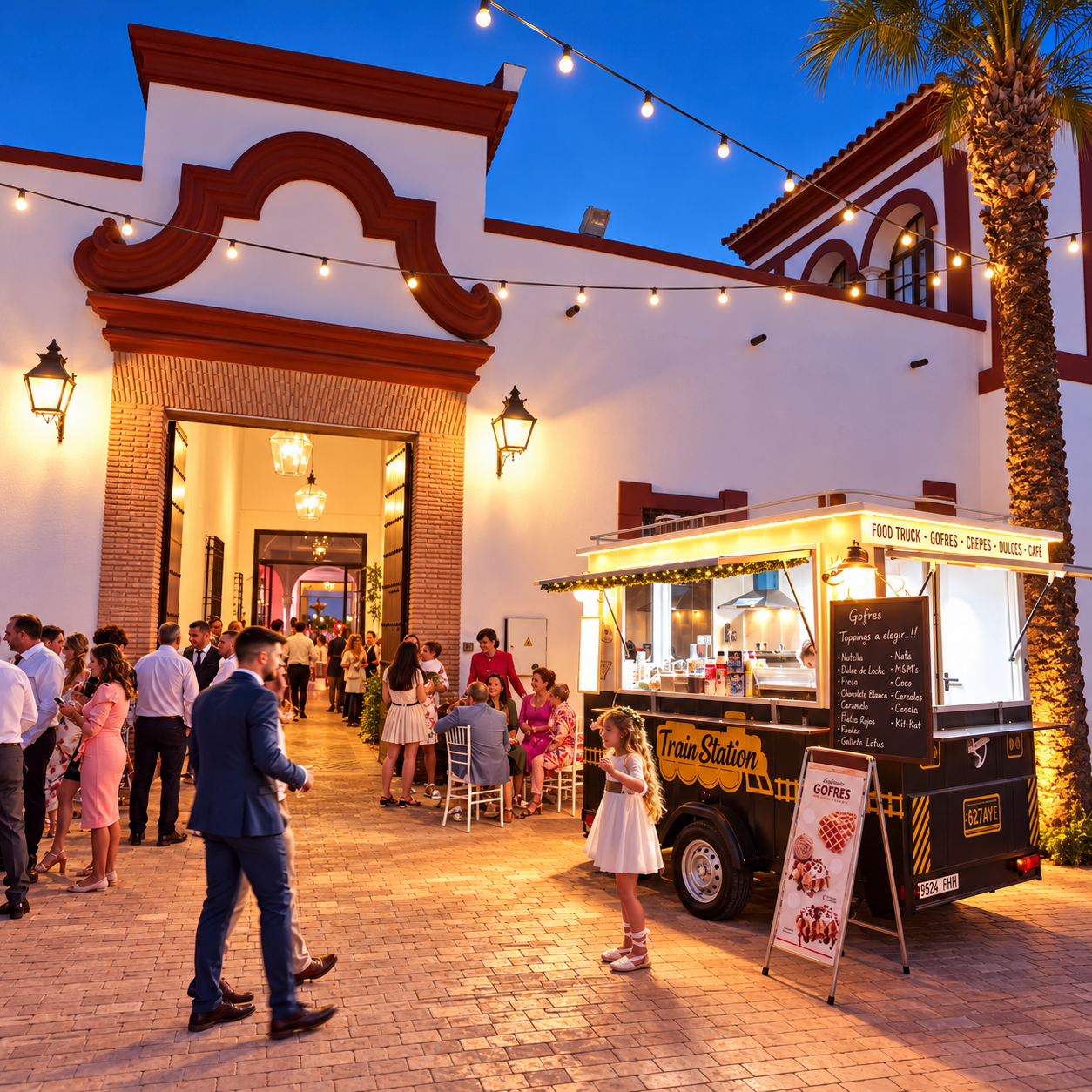 83103a3d-ee88-4635-b5dd-92ac24bf9b78 Food truck iluminado junto a edificio colonial con personas reunidas al atardecer.