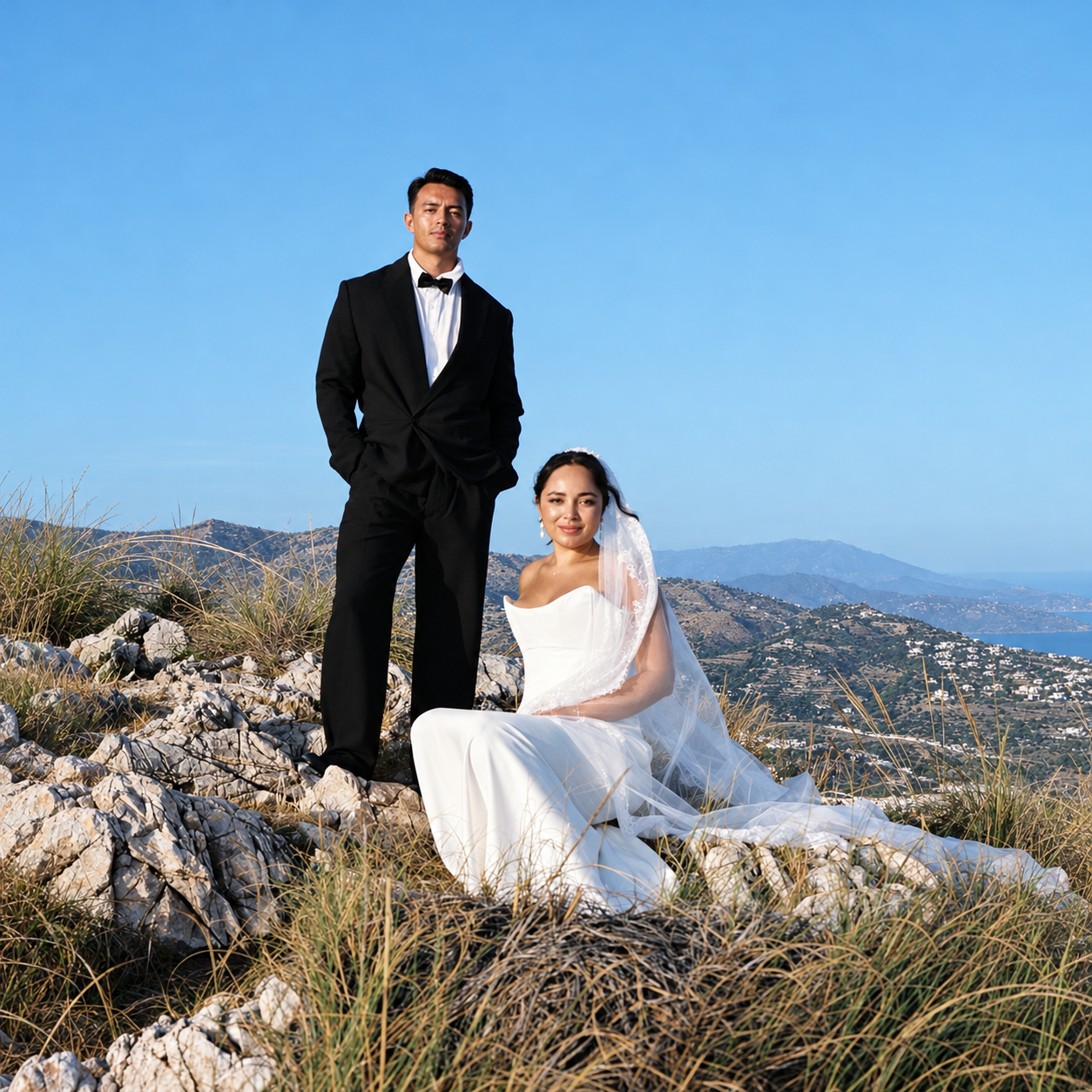 98472723-4cc6-4faa-87fa-55fe6438e1dd Novios en paisaje montañoso con cielo despejado, el hombre de pie y la mujer sentada con vestido blanco y velo.