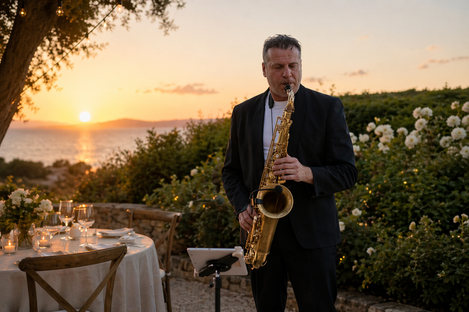 Alfredo Carlavilla - Saxofonista 2 Hombre tocando saxofón al atardecer en un jardín con mesa preparada para cena.
