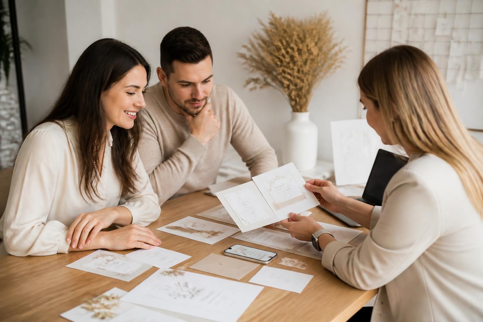 Pareja revisando tarjetas, señalética y comunicaciones digitales para su boda