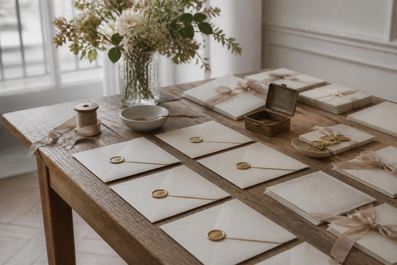 Invitaciones de boda y sobres preparados para enviar sobre una mesa