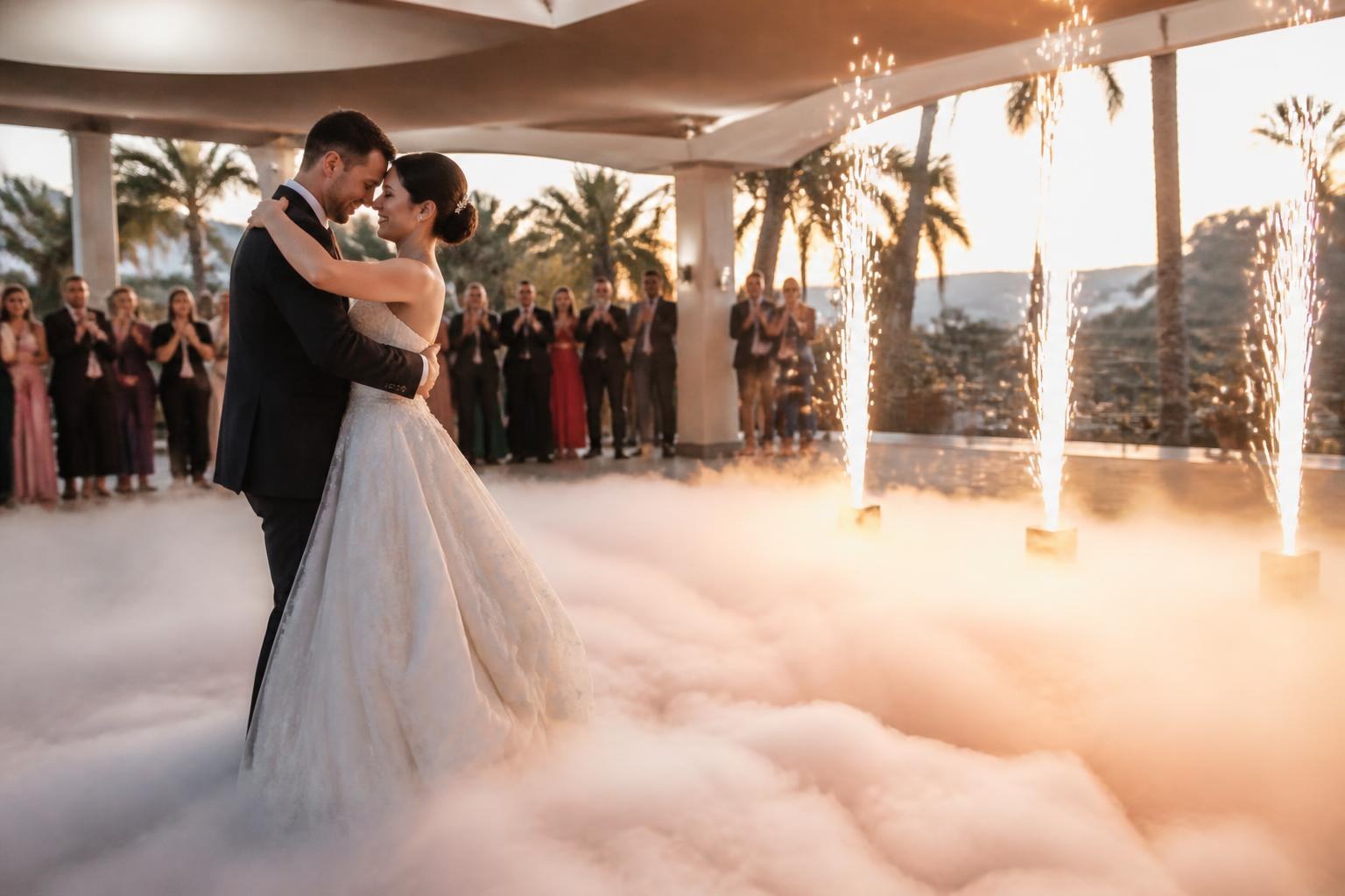 Pareja durante el primer baile con humo bajo y chispas frías en una finca de boda