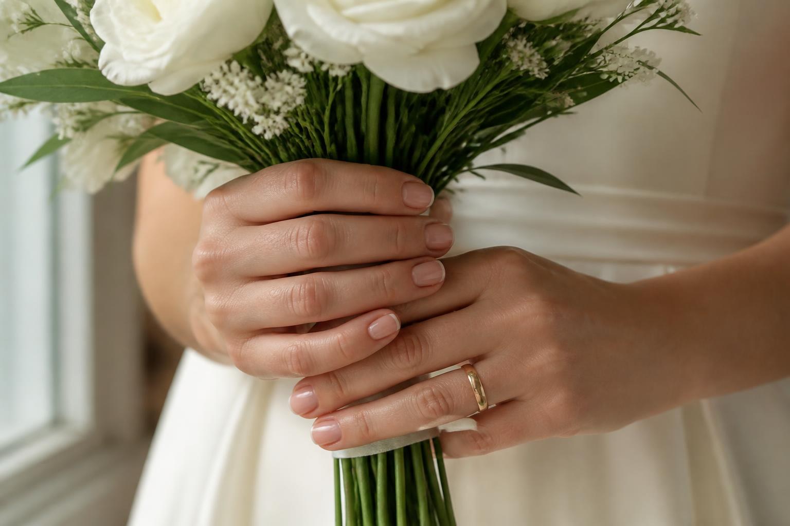 Manos de novia con uñas cortas y manicura italiana en tono rosa nude sosteniendo un ramo blanco