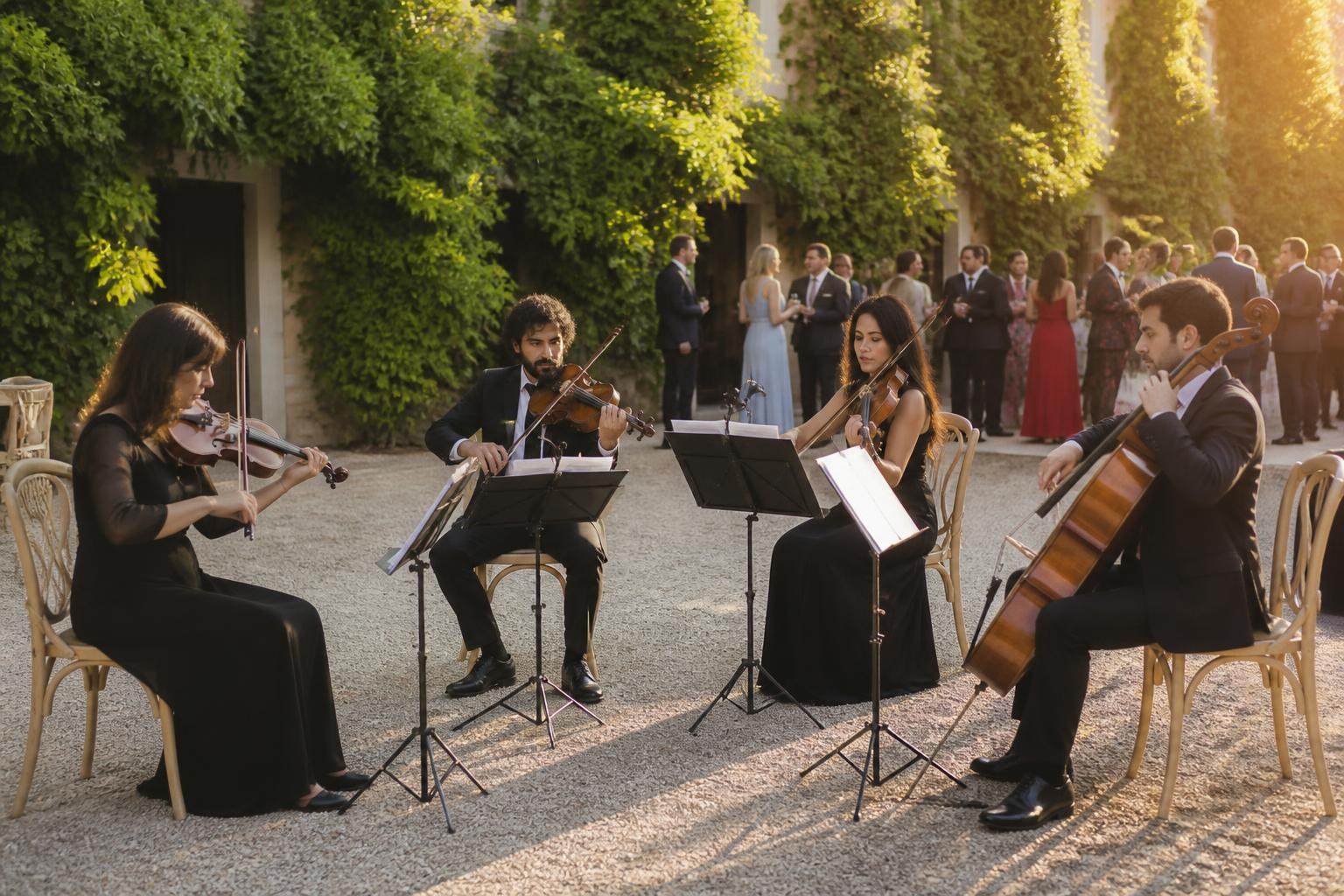 Músicos actuando en directo durante el cóctel de una boda en Madrid
