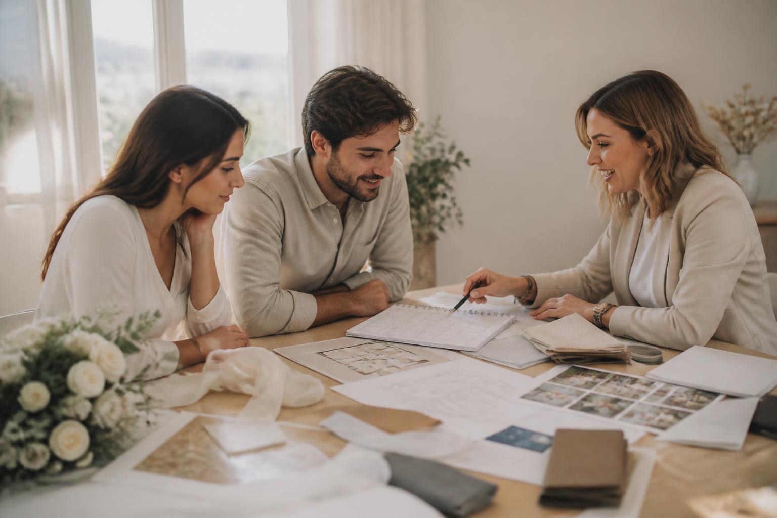 Pareja reunida con una wedding planner para revisar la planificación de su boda