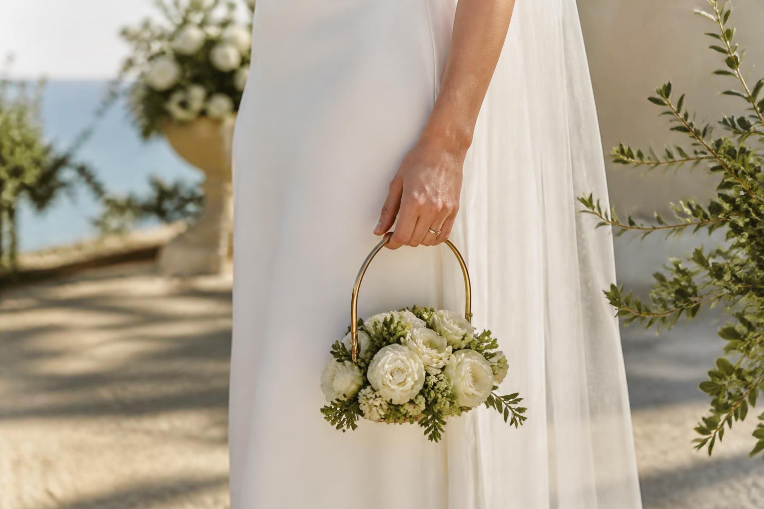 Novia sosteniendo un ramo-bolso floral con asa rígida en una boda exterior