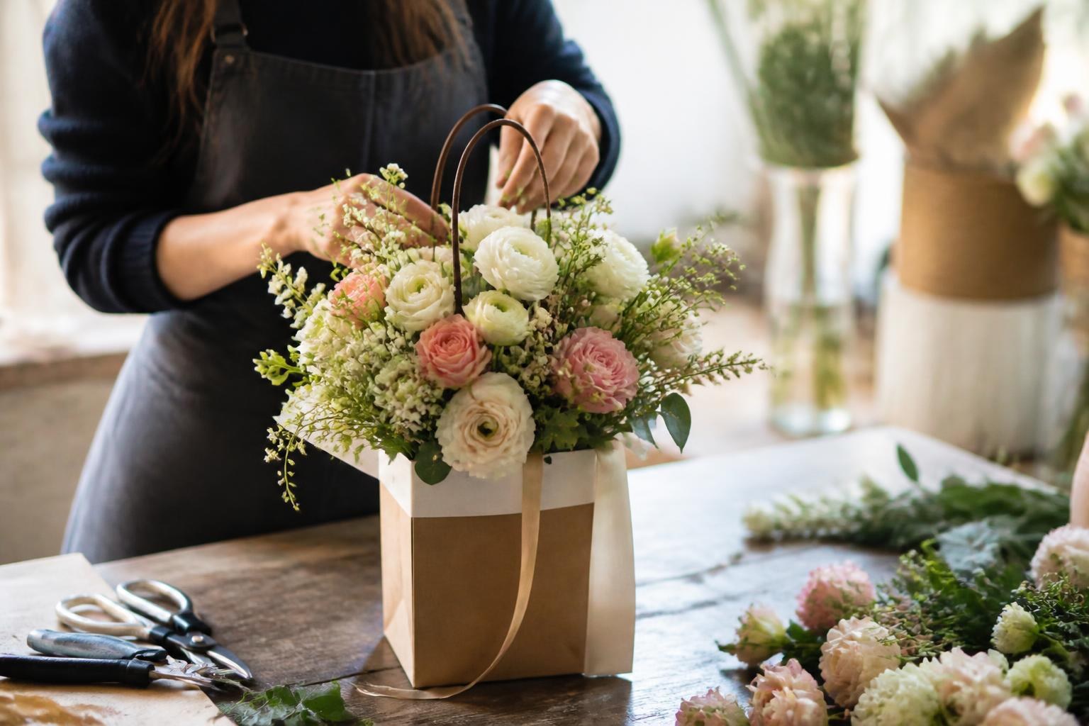 Florista preparando la estructura y las flores de un ramo-bolso de novia